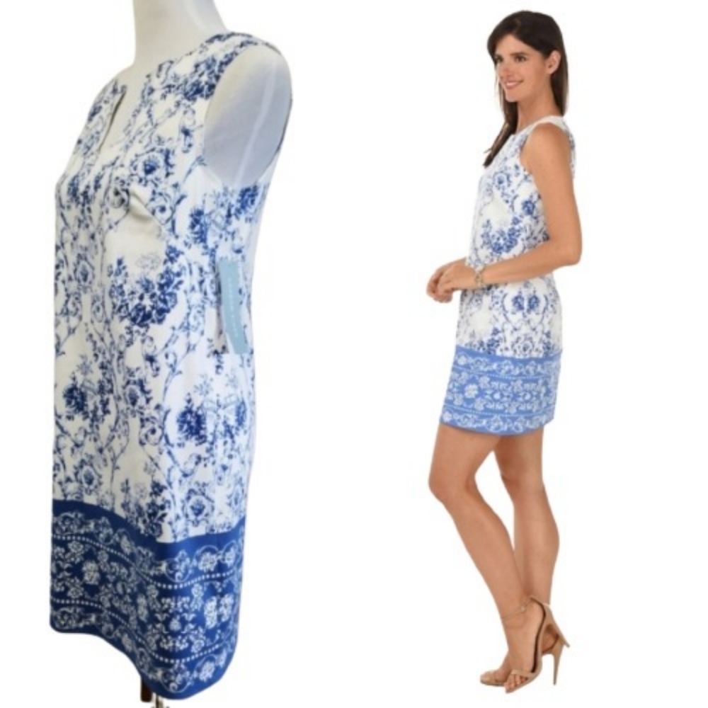 🆕️⬇️London Times Blue & White Border Floral Paisley Shift Dress - Picture 3 of 8